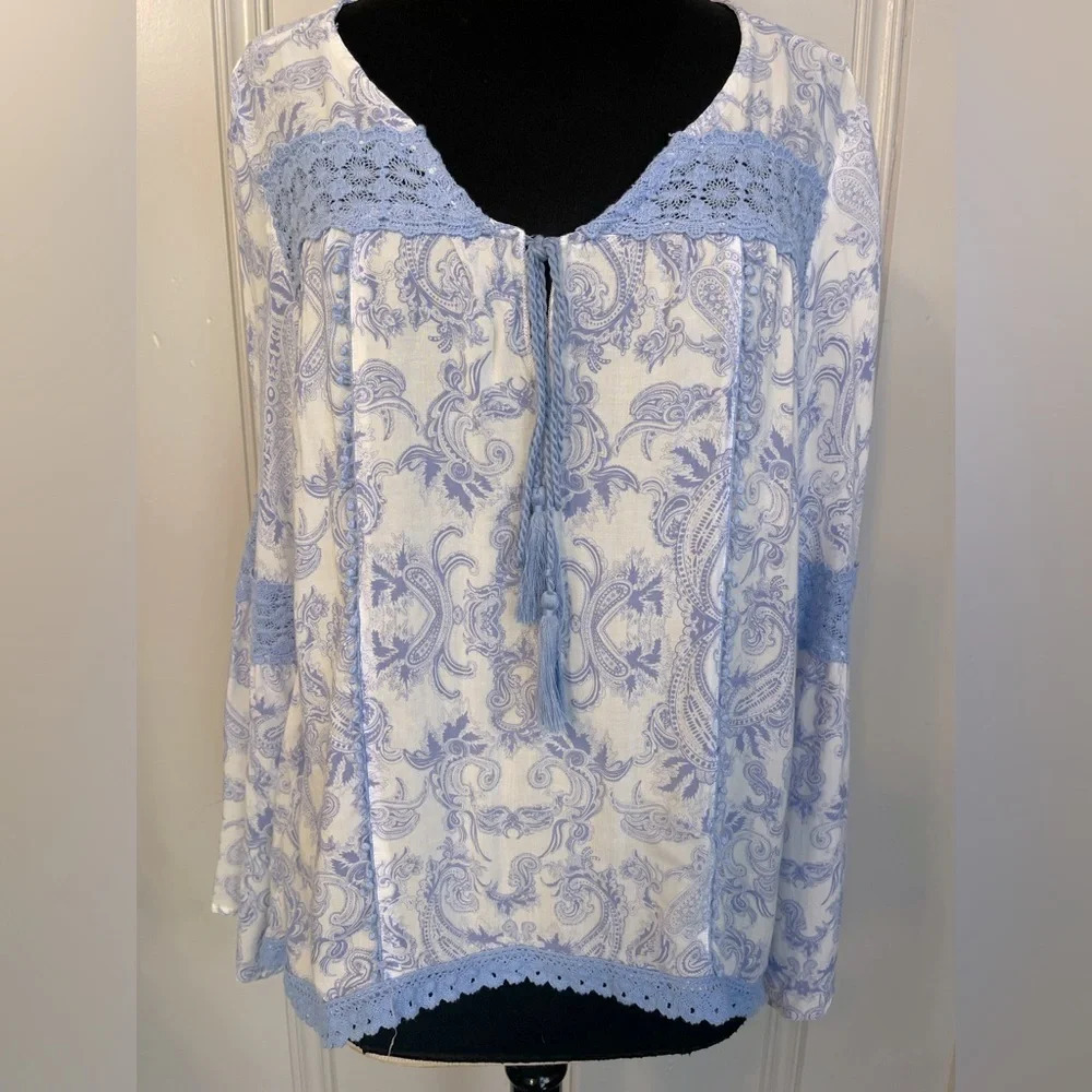 Surf Gypsy BoHo Peasant Top 100% Rayon Shirt‎ Crochet Bell Sleeve Size Medium